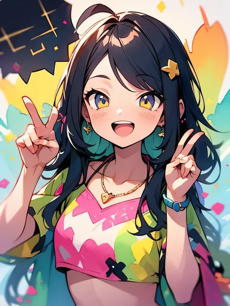 (looking at viewer),Alone, upperbody ,black spiky long loose hair,parted bangs,gold eyes,open mouth,pink polka dot maicro bikini、small monsterball(pokemon) necklace、(happy action pose), energetic girl 、ahoge,like a painting, watercolor painting style, The ...