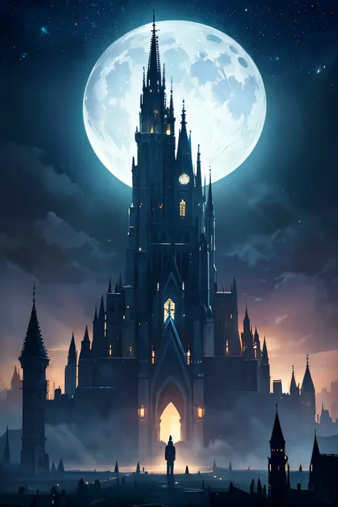  A detailed and complex fantasy world,night, Huge Moon, starry sky ,Huge Tower,ceremony,Creepy,Unlucky,Spiritual,Otherworld ,Dramatic lighting, movie lighting, backlit, super detailed , top quality, Masterpiece,32K,16k, high definition , frame position , f...