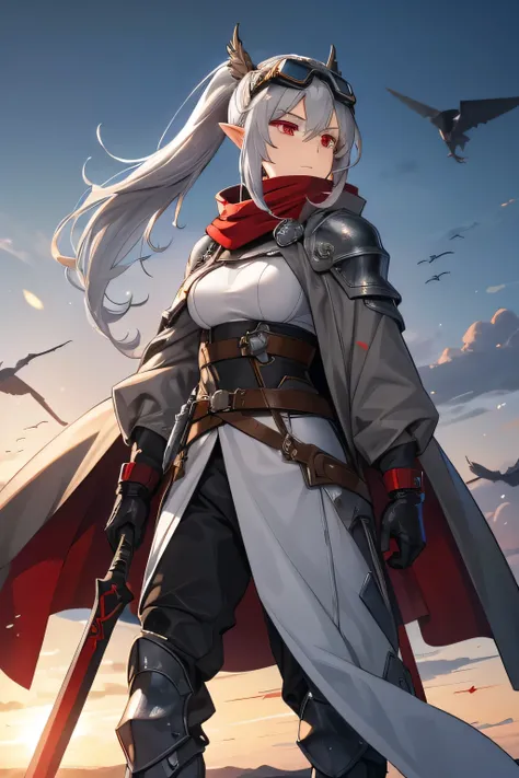 Grey Hair、female、One character、 Military 、 goggles on head、pants、 ponytail、 Long Coat、 small tits、 holding a long spear is hiding its mouth with a muffler、 random expression、He is tall,Combat Armor、 red eyes、war hammer、 elf ears、Ride on Dragon、shield