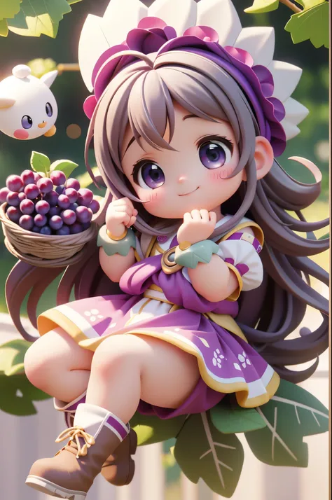 Octane Render、(Hyper-detailing: 1.15)、(Soft light、sharp: 1.2)、Baby Face、morning、Harvesting grapes, Enjoy grape picking、full body Esbian、Distinctive ethnic hair ornaments、Farm Boots、 Fuji Film, F/4.0, masutepiece, Anatomically correct、A smile, radiant light