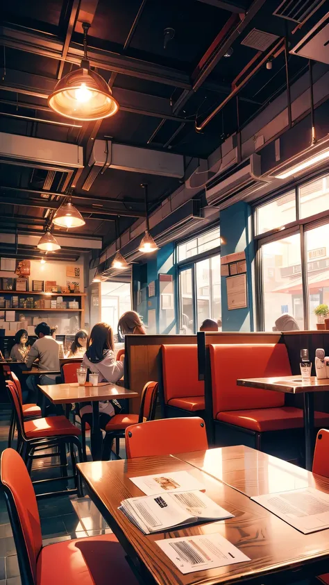 A cozy, anime-themed café with high school students gathered around a table, eagerly showing off the anime merchandise they bought during their shopping trip. Figures, posters, and DVDs are spread out on the table as the students excitedly chat and compare...