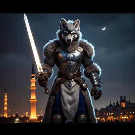 "Male wolf personification ,  battle ,  In the background, teeth 、 It reminds me of a world with a high stakes atmosphere 、 with both wisdom and power  .   his chest teeth are protected by glowing armor plates with intricate designs {x} his outfit combines...