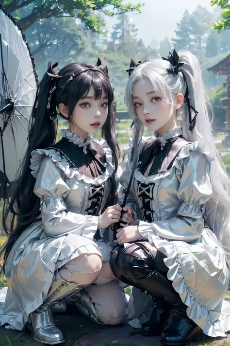 (Absurdly, High Quality  ,  very detailed bust,32K、 high image quality、Ultra HD、 golden ratio face 、 realistic 、 complicated、 high detail、 ultra high resolution)、(((Silver Hair、black ribbon twin tails)))、((( twin little  girls with Japanese umbrellas、 shor...