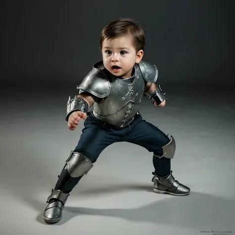 A year-old babyboy, detailed, realistic, best quality, wear armor, dynamic pose, full body, no background