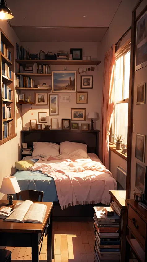 A cozy teenager’s bedroom illuminated by the soft glow of a desk lamp and a computer screen. The walls are decorated with posters of their favorite shows, and shelves are lined with books and figurines. On the desk, there’s an open laptop, notebooks, and a...