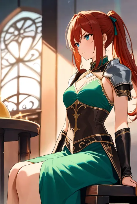 A women wearing beautiful fantasy clothes sitting on a thrown looking serious