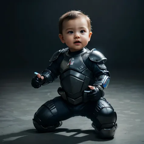 A year-old babyboy, detailed, realistic, best quality, futuristic hi-tech armor, holding hi-tech gun, dynamic pose, full body, no background