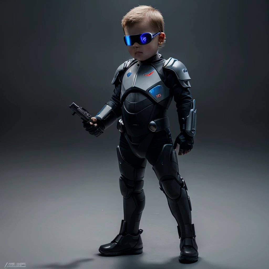 A year-old babyboy, detailed, realistic, best quality, futuristic hi-tech armor, holding hi-tech gun, dynamic pose, full body, no background