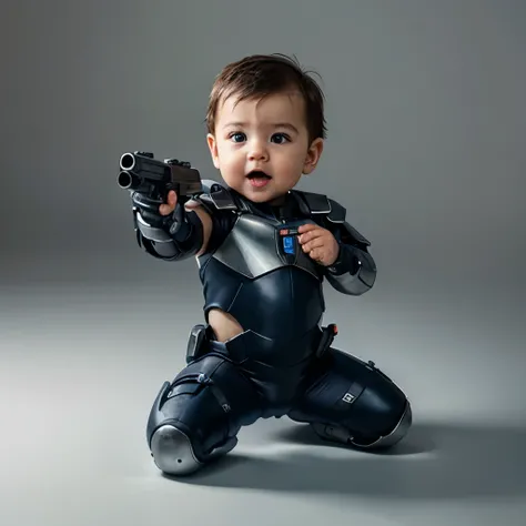 A year-old babyboy, detailed, realistic, best quality, futuristic hi-tech armor, holding hi-tech gun, dynamic pose, full body, no background