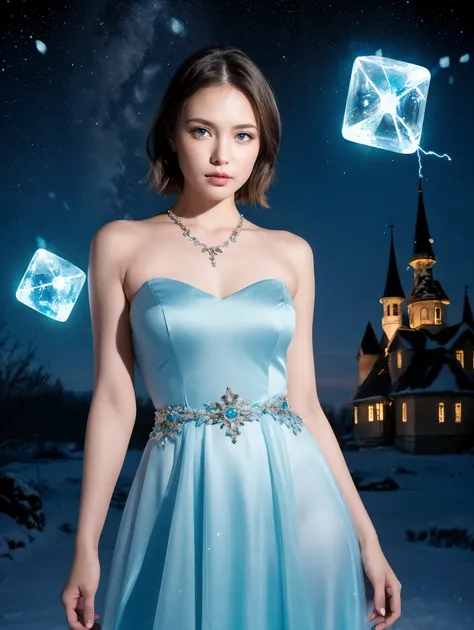  knight , (( 1 girl)), Alone, masterpiece, 8k wallpaper,  high definition ,  absurd, High Quality Backgrounds,  short hair,  black hair,  multicolor hair, Beautiful frozen village, ( A Beautiful Night Sky ),  blue dress, Detailed dress,  Jewelry Dress , ( ...