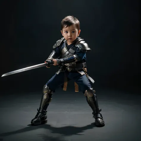 A year-old babyboy, detailed, realistic, best quality, futuristic hi-tech armor, holding katana, dynamic pose, full body, no background