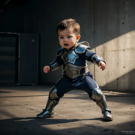 A year-old babyboy, detailed, realistic, best quality, futuristic armor, dynamic pose, full body, no background