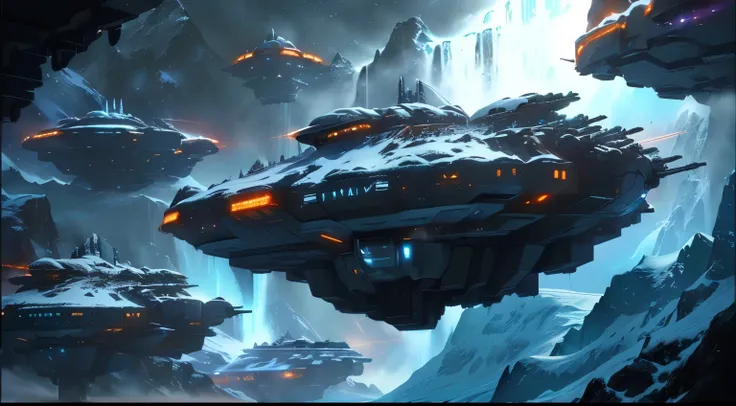 spaceships flying over a frozen mountain with a waterfall in the background, space opera and dystopian style, parked spaceships, sci-fi fantasy wallpaper, alien space ships, orange and blue theme