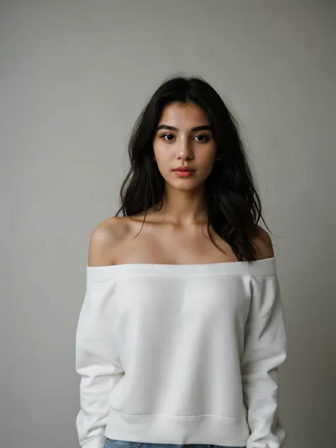 analog raw candid photo of a beautiful young Greek woman, realistic skin texture, black long messy hair, slim, (closed mouth:1.1), white off shoulder oversized Korean style sweatshirt, studio lighting, studio portrait, 35mm, perfect proportion, half body p...