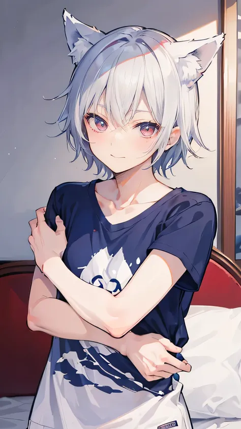  Best Quality ， high resolution,  upper body，2D anime style,,Cool Man, red eyes ,Short hair,Silver Hair,Wolf ears，Wear blue short sleeves,He smiles slightly ，Shy， blush,In the bedroom，Morning