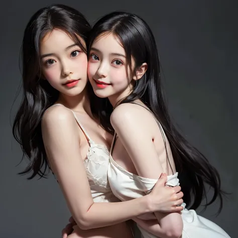 ((masterpiece)), ((best quality)), ((ultra-detailed)),((hyperrealistic)),(japanese cute girl),(shiny skin),1 ladyl,(black hair),long hair,forehead,(plain forehead),(black eyes,tareme,droopy eyes),(slenderbody),,(hugging realdoll),upperbody shot,smile,
