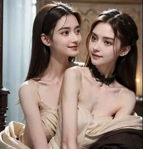 S,Thin armS,Narrow ShoulderS,delicate,Official art,4K,8k, Super detailed,beautiful,maSterpiece, beSt quality, DarkneSS, vibe,RomanticiSm,literature,art,faShion, Victorian , race,Smile, Shot from the Side, looking at thiS , looking at the camera
