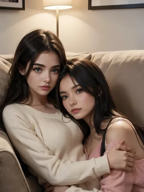 2 intimated young ladies, cuddling on sofa