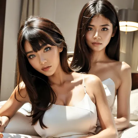 japanese, solo, perfect body, super fine face and eyes, angular catlike eyes, bedroom, white dress, busty, shoulder length hair, bangs