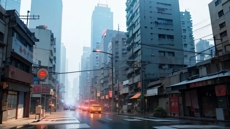 Anime style, A Post Apocalyptic Hong Kong city, Hong Kong streets In The Background Are Half Destroyed, Apocalyptic, white sky, HIGH DETAILED, in the style of anime manga, white, light grey and black, otherworldly paintings, wide-angle shot, lens flare, ad...