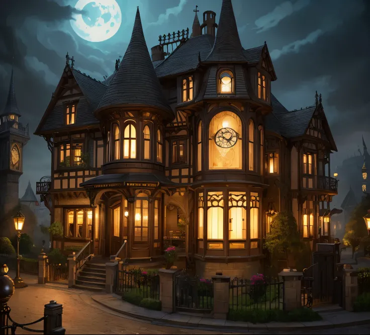 a close up of a cutaway of a house with a clock, concept art inspired by Anton Pieck, cg society contest winner, gothic art, an evil villains lair, steampunk villages castles, addams, gothic mansion, mansions of madness, beautiful detailed pixel art, intri...