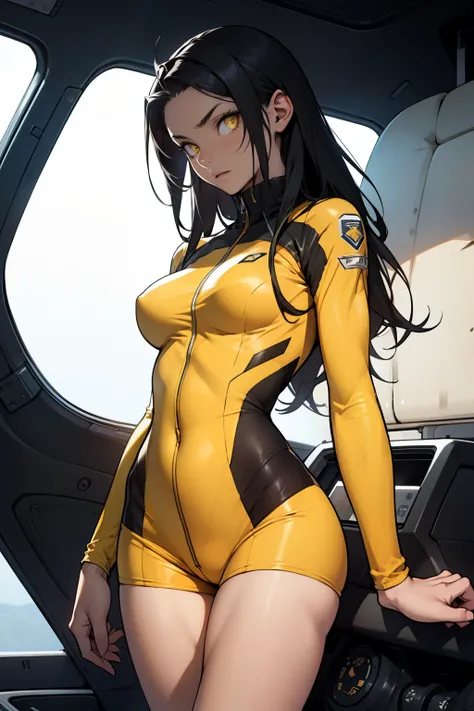 1 girl, black hair, yellow eyes, very long hair, pale skin, fit body, slender body, slim waist, large breasts, (confident expression), pilot suit, thigh gap, bare thighs, show bare legs