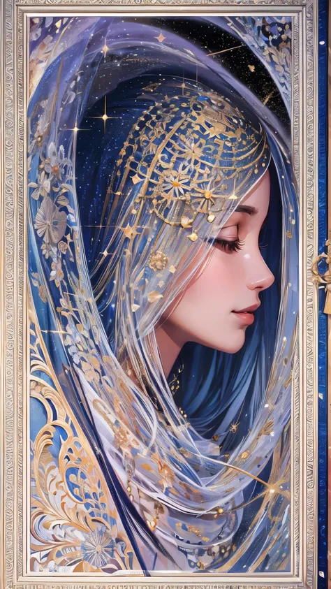 (( top quality)),( super high resolution ),( super detailed ),( detailed description ),(( best CG )),( Best Artwork ), Ultra Precision Art, Amazing Painted Art ,(Exquisite art:1.5),  Female Astrologer,  mysterious smile,  Hooded Robe ,  Constellations Shin...