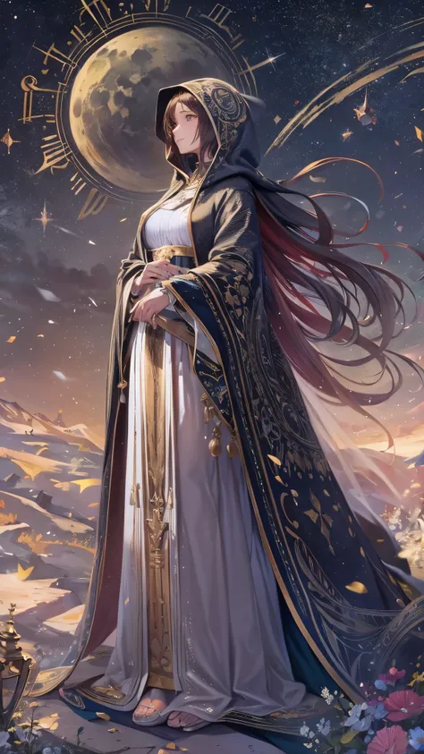 (( top quality)),( super high resolution ),( super detailed ),( detailed description ),(( best CG )),( Best Artwork ), Ultra Precision Art, Amazing Painted Art ,(Exquisite art:1.5),  Female Astrologer,  mysterious smile,  Hooded Robe ,  Constellations Shin...