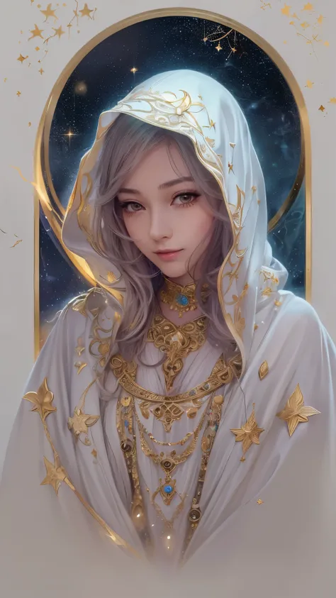 (( top quality)),( super high resolution ),( super detailed ),( detailed description ),(( best CG )),( Best Artwork ), Ultra Precision Art, Amazing Painted Art ,(Exquisite art:1.5),  Female Astrologer,  mysterious smile,  Hooded Robe ,  Constellations Shin...