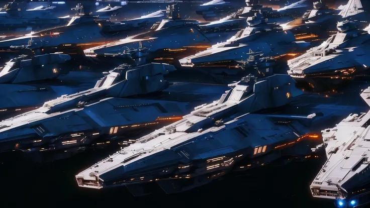 a group of ships are lined up in a row in the dark, star destroyers, parked spaceships, stardestroyer in the background, star ships, space opera and dystopian style, alien space ships, star wars concept art, retro spaceships parked outside,