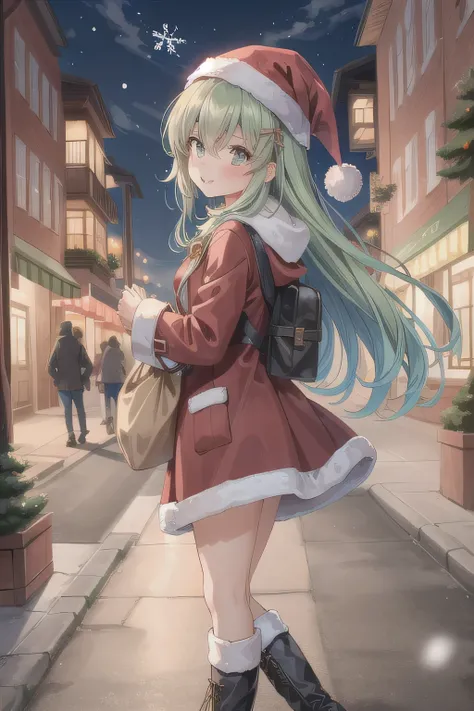 She is dressed in a classic Santa Claus outfit, with a red and white coat, a matching skirt, and black boots, perfectly tailored to her small frame. On her back, she carries a large, white sack filled with presents, the soft fabric of the bag hinting at it...