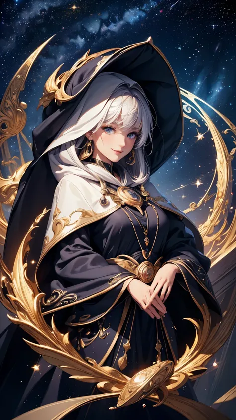 (( top quality)),( super high resolution ),( super detailed ),( detailed description ),(( best CG )),( Best Artwork ), Ultra Precision Art, Amazing Painted Art ,(Exquisite art:1.5),  Female Astrologer,  mysterious smile,  Hooded Robe ,  Constellations Shin...