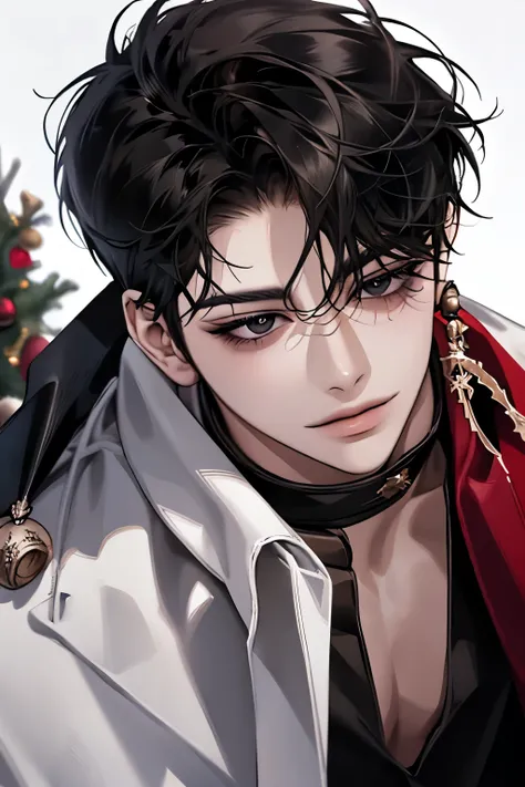 boy,  wolf cut hairstyle,  black hair,  sharp features wearing student clothes,  white skin ,  side view, (( Christmas clothes)), christmas decoration background , black eyes without focus, smile