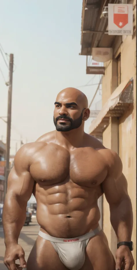 photo of muscular (39y.o bald Indian pajeet bearded ) in a worn ((wearing a jockstrap, mixed-up with silverjow style), big pecs, big arms, large bulge, ((light bokeh)), intricate, (steel metal [rust]), elegant, erotic, exuding sexual energy, homoerotic, sh...