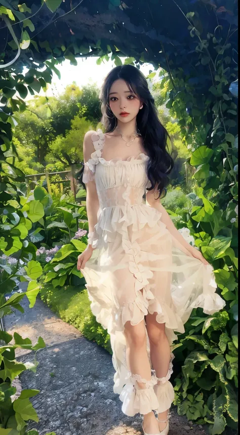 A woman in a dress walks in the garden, Translucent dress, rococo ruffles dress, Ethereal and dreamy, dreamy dress, a stunning young ethereal figure, shaxi, floating dress, Dreamy and ethereal, Very ethereal, fairy core, Ethereal beauty, ruffled and tatter...