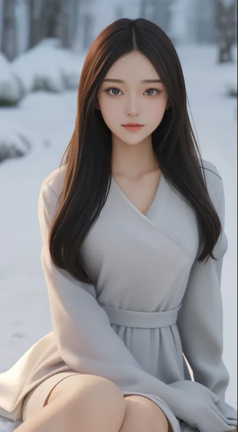 Focus:1.2, perfect figure beautiful woman:1.4,，Best face quality, Ultra-high facial detail，Ultra-high pupil detail，slimfigure，Smaller bust，at winter season，scarf，outside，Sit Pose，Hair is slightly curled，