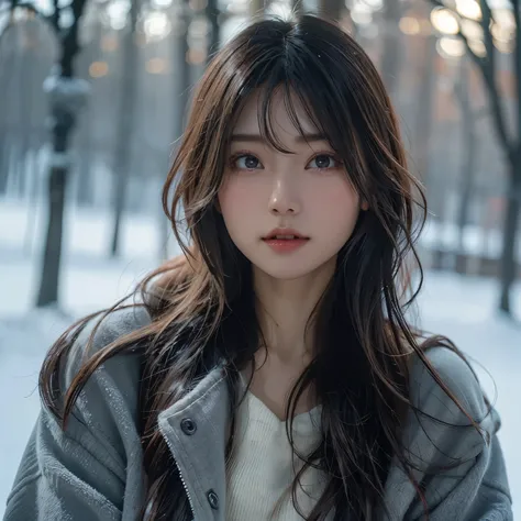 1 beautiful Japanese woman 、Age 25、Im wearing a big gray hoodie、 slender、 medium breasts、Brown wavy hair、 upper body shot、Beautiful winter background with outdoor snow 、(Light the face from the front)