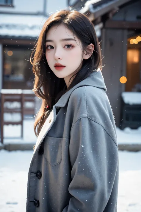 realistic photos of (1 cute Korean star) Shoulder-length hair, thin makeup, medium breasts size, wearing coat, in the snow, clear facial features, 8K high resolution, sharp and realistic details.from outside, Eye-Level Shot, f/4.0, 135mm, Fujifilm, jpeg ar...