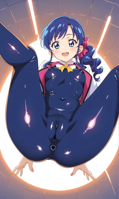 Anime drawing of a girl posing showing off her anus , girl 1 person, solo, blue hair, open mouth, cameltoe, blue hair, smiling, , looking down, from below, covered navel, covered navel nipples, covered navel anus , covered navel cameltoe, Aoi Kiriya (Aikat...