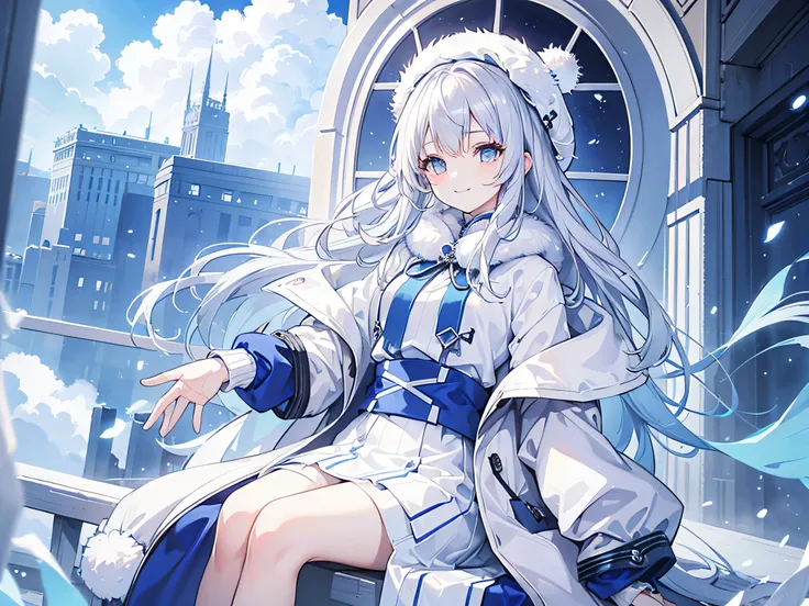  silver hair with blue mesh 、White Eyes、Shining eyes、Clothes are fluffy 、smile、In the sky、Sitting on a cloud、 wear fluffy jacket、Wear a knitted hat、 full picture 