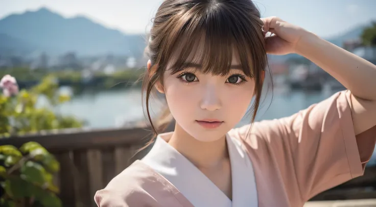 Professional, EF16-35mm f/2.8L III, high definition, 4K, photo quality, realistic, soft light source, Japanese, one pretty girl, 20 yrs old, brown eyes, parted bangs, brown hair, medium hair, close-up on upper body & subject, no text.

Location: Unzen, Nag...