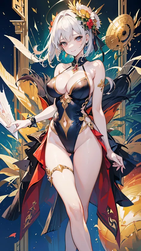 (( top quality)),( super high resolution ),( super detailed ),( detailed description ),(( best CG )),( Best Artwork ), Ultra Precision Art, Amazing Painted Art ,(Exquisite art:1.5),  Smiling Woman Wearing One Piece Swimsuit, Deep Cut ,  high leg cut ,  dee...