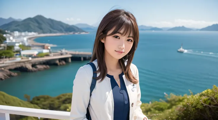 Professional, EF16-35mm f/2.8L III, high definition, 4K, photo quality, realistic, soft light source, Japanese, one pretty girl, 20 yrs old, brown eyes, parted bangs, brown hair, medium hair, close-up on upper body & subject, no text.

Location: Unzen, Nag...