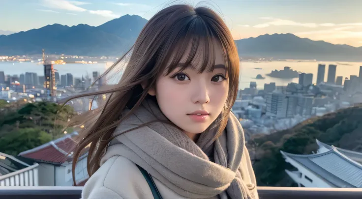 Professional, EF16-35mm f/2.8L III, high definition, 4K, photo quality, realistic, soft light source, Japanese, one pretty girl, 20 yrs old, brown eyes, parted bangs, brown hair, medium hair, close-up on upper body & subject, no text.

Location: Unzen, Nag...