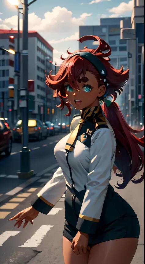 Thread Mercury, , Aqua Eyes, black headband, Dark Skin, dark-skinned woman, hair between eyes , headband, long hair, low ponytail , Red Hair, swept bangs, thick eyebrows, open mouth, is a smiling face , blanking in the heart of the city, ...