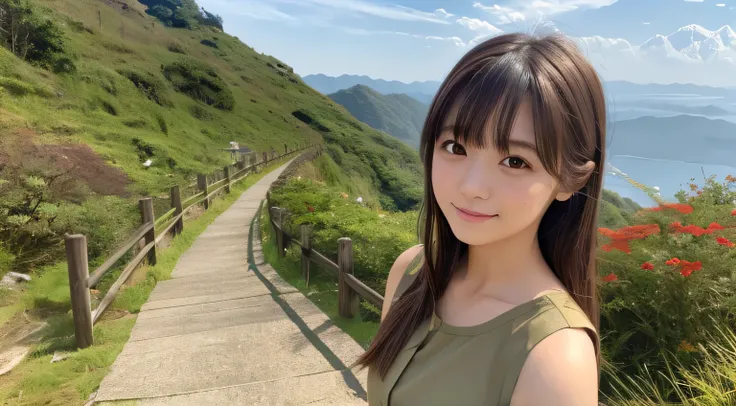 Professional, EF16-35mm f/2.8L III, high definition, 4K, photo quality, realistic, soft light source, Japanese, one pretty girl, 20 yrs old, brown eyes, parted bangs, brown hair, medium hair, close-up on upper body & subject, no text.

Location: Unzen, Nag...