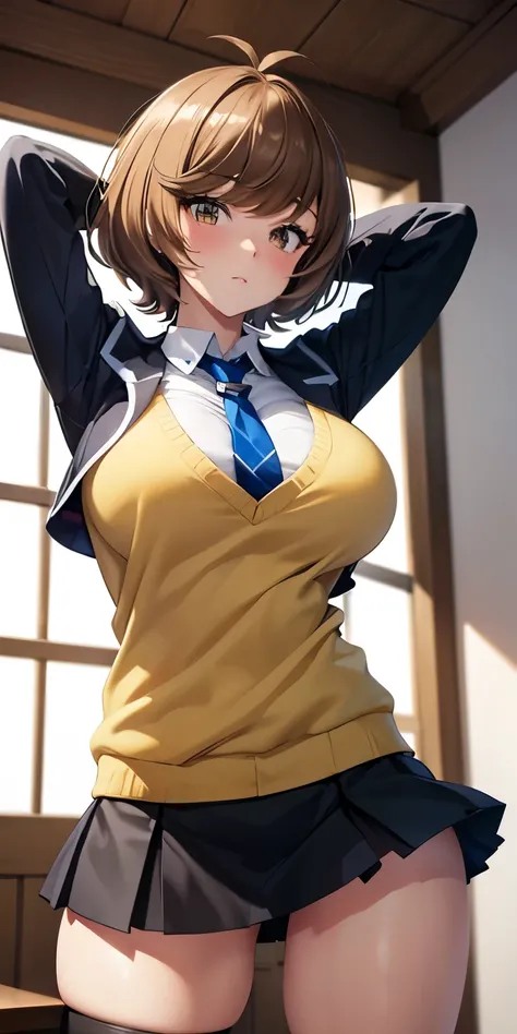 1 Female,High definition,high resolution,Ultra-realistic,8K, hmza, short hair, antenna hair, brown eyes, school uniform, blue necktie, yellow shirt,black jacket, long sleeves, black skirt,tight skirt, ((miniskirt)), large breasts,European,sexy,Photographed...