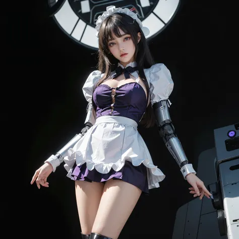 ((masterpiece)), ((best quality)), ((ultra-detailed)),((hyperrealistic)),shiny skin,1girl,,(((swept bangs))),hair intakes ,((black hair)),long hair,straight hair,sidelocks,sideburns,((dark purple eyes)),medium breasts,,(black body robot),dynamic angle,((ro...