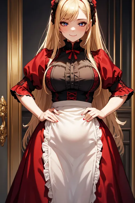 (High quality, High resolution, Fine details), maid in red and black uniform, intricate dress design, gothic victorian style, solo, curvy adult women, blonde hair, sparkling eyes, (Detailed eyes:1.2), smile, Sweat, Oily skin, waist shot, Soft tones, shallo...