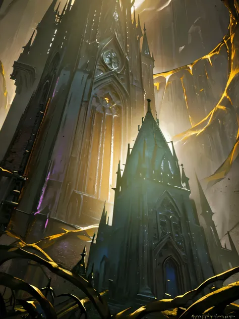 a dark mysterious tower,dramatic moody lighting,ominous clouds,gothic architecture,intricate details,overgrown vines,crumbling ruins,gloomy atmosphere,cinematic camera angle,dark fantasy landscape,(best quality,8k,highres,masterpiece:1.2),ultra-detailed,(r...